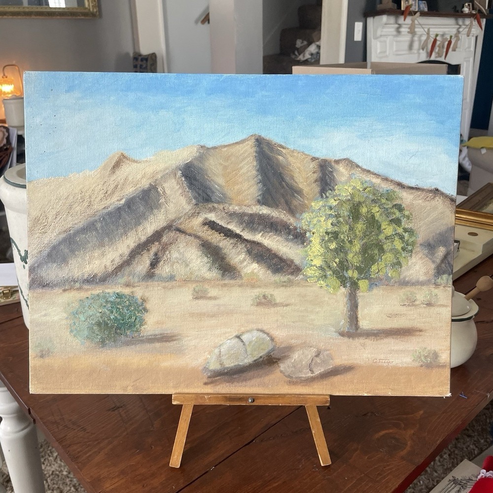 Vintage 29 Palms California Desert Landscape OilCanvas Painting Signed W/easel